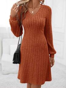 SHEIN LUNE V領燈籠袖條紋針織洋裝 - 鏽棕色 - 查看 5