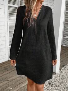 EMERY ROSE Roll Tab Sleeve Zip Half Placket Tunic Dress - Black - View 5