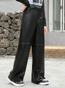 SHEIN Girlism Tween Girls Loose College Style PU Mid-Waist Wide Leg Cargo Pants