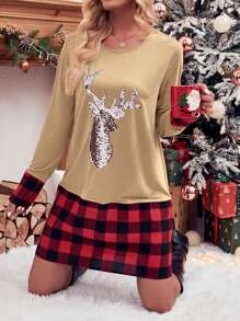 SHEIN LUNE Christmas Elk & Gingham Print Tee Dress