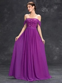 Off Shoulder Draped Back Chiffon Bridesmaid Dress - Red Violet - View 4
