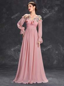 Floral Embroidery Flounce Sleeve Chiffon Bridesmaid Dress
