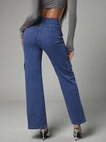 SHEIN BAE Women's Loose-fit Straight Leg Jeans With Multiple Pockets - Blue - View 3
