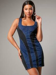 SHEIN BAE Women's Contrast Color Block Back Zip Denim Dress, Western-Style Outfit - Multicolor - View 1
