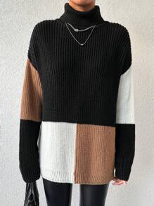 EURMUSE Damen Rollkragen Pullover Mit Farbblockierung