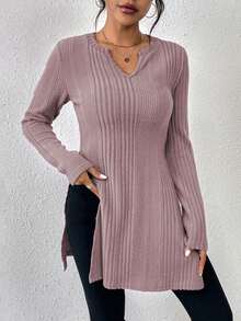 SHEIN Essnce Notched Neck Split Hem Tee - Purple - View 3