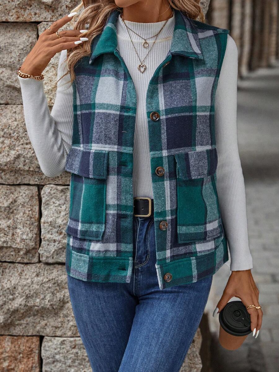 SHEIN LUNE In kẻ sọc Túi có nắp Áo khoác vest - màu xanh lá - Xem 1