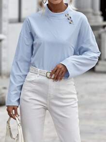 SHEIN Essnce Blue And White Pinstriped Stand Collar Pullover Shirt - Blue and White - View 6