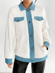 SHEIN Essnce Contrast Trim Drop Shoulder Flap Detail Flannel Coat - White - View 7