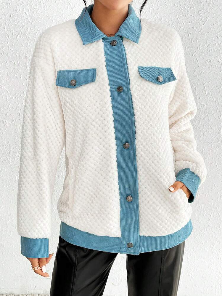 Contrast Trim Drop Shoulder Flap Detail Flannel Coat