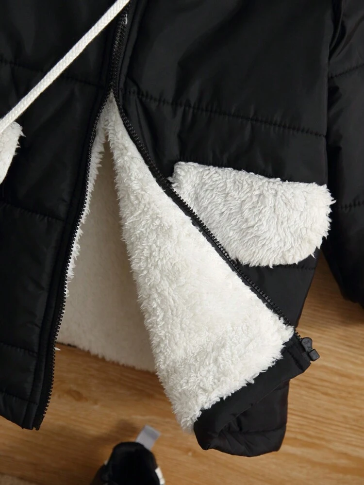 Young Boy Cartoon Bear Decor Plush Lined Hooded Padded Coat