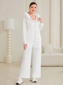 Seusyu Women's Hooded Coat With Drop-Shoulder & Woolen Collar And Pants Set 2 Piece Set Fall Cloth For Women - White - View 4