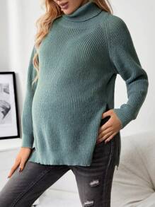 SHEIN 孕婦高領插肩袖下擺開叉套頭毛衣 - 綠色 - 查看 5