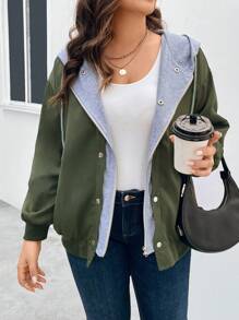SHEIN LUNE Hơn Khối màu Thả vai Dây rút áo có mũ 2 trong1 Áo khoác - xanh quân đội - Xem 1
