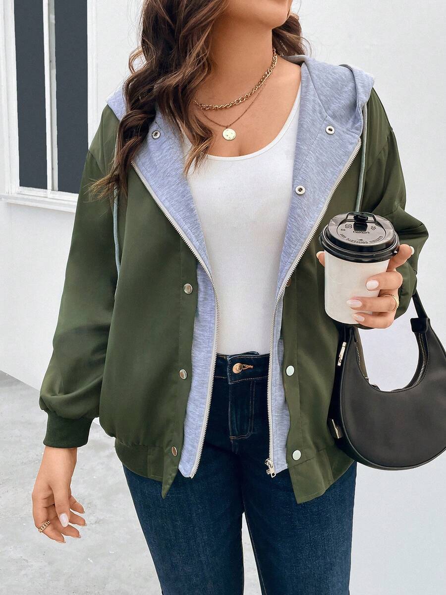 SHEIN LUNE Hơn Khối màu Thả vai Dây rút áo có mũ 2 trong1 Áo khoác - xanh quân đội - Xem 1