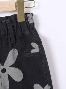 Baby Girls Cute Summer Holiday Floral Prints Paperback Waist Relax Wide Leg Jeans, Daily Fashion - Black - View 6