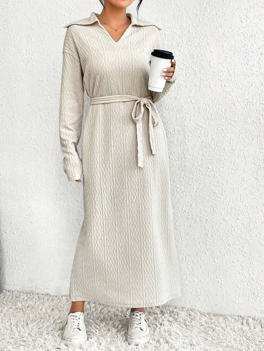 SHEIN Essnce Drop Shoulder Belted Dress - Apricot - View 1