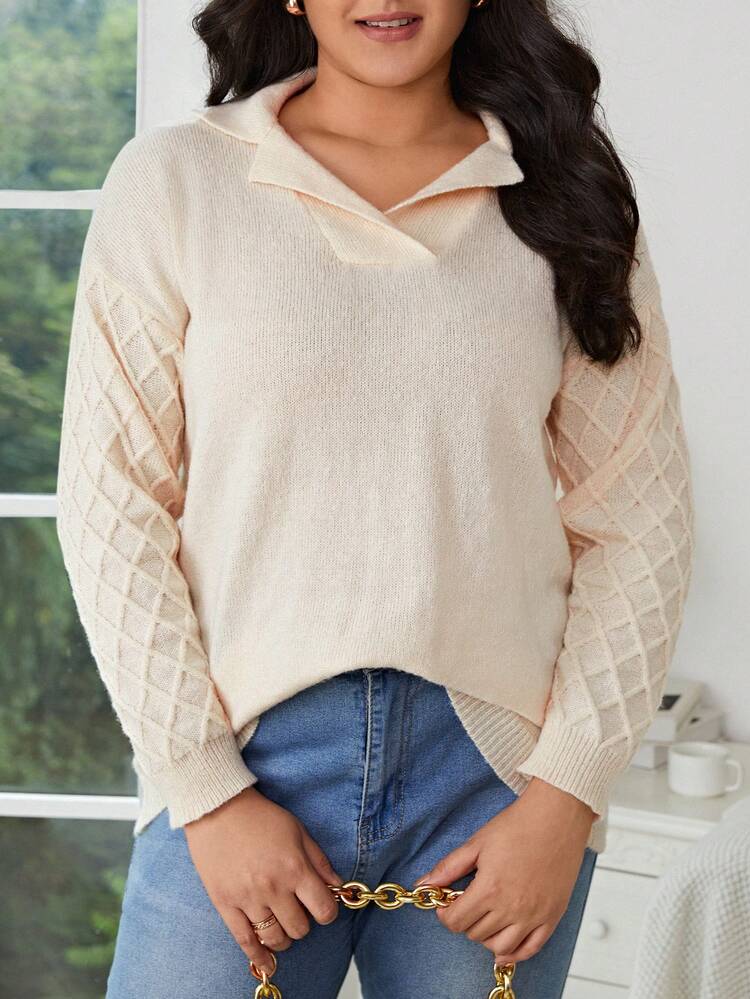 Plus Lapel Collar Drop Shoulder Sweater