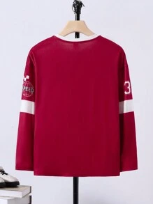 SHEIN 男孩休閒鬆身針織圓領長袖t恤,印花圖案設計 - 酒紅色 - 查看 2