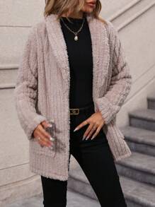 SHEIN Essnce 青果領雙口袋開門襟絨毛外套 - 杏色 - 查看 7