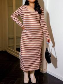 SHEIN EZwear Kích thước lớn Sọc Và In hoa Viền chia cắt Đầm - Nhiều màu - Xem 1