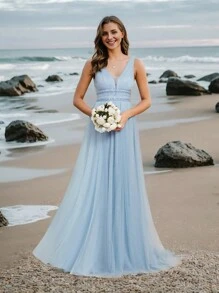 EVERPRETTY Rhinestone Detail Mesh Wedding Dress - Baby Blue - View 5