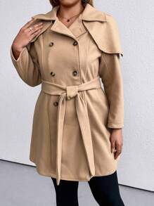 SHEIN LUNE Plus Double Breasted Overcoat Without Belt - Khaki - View 3