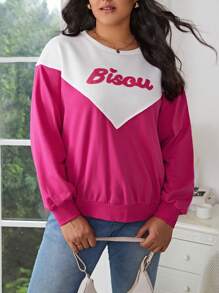 SHEIN Frenchy Talla grande Sudadera con letra flocado de dos tonos de hombros caídos - Multicolor - Ver 5