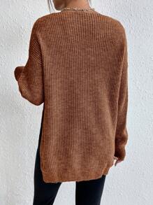 SHEIN Frenchy Drop Shoulder Split Hem Sweater - Mocha Brown - View 2