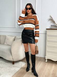 SHEIN Essnce 條紋圖案落肩袖套頭毛衣 - 駝色 - 查看 5