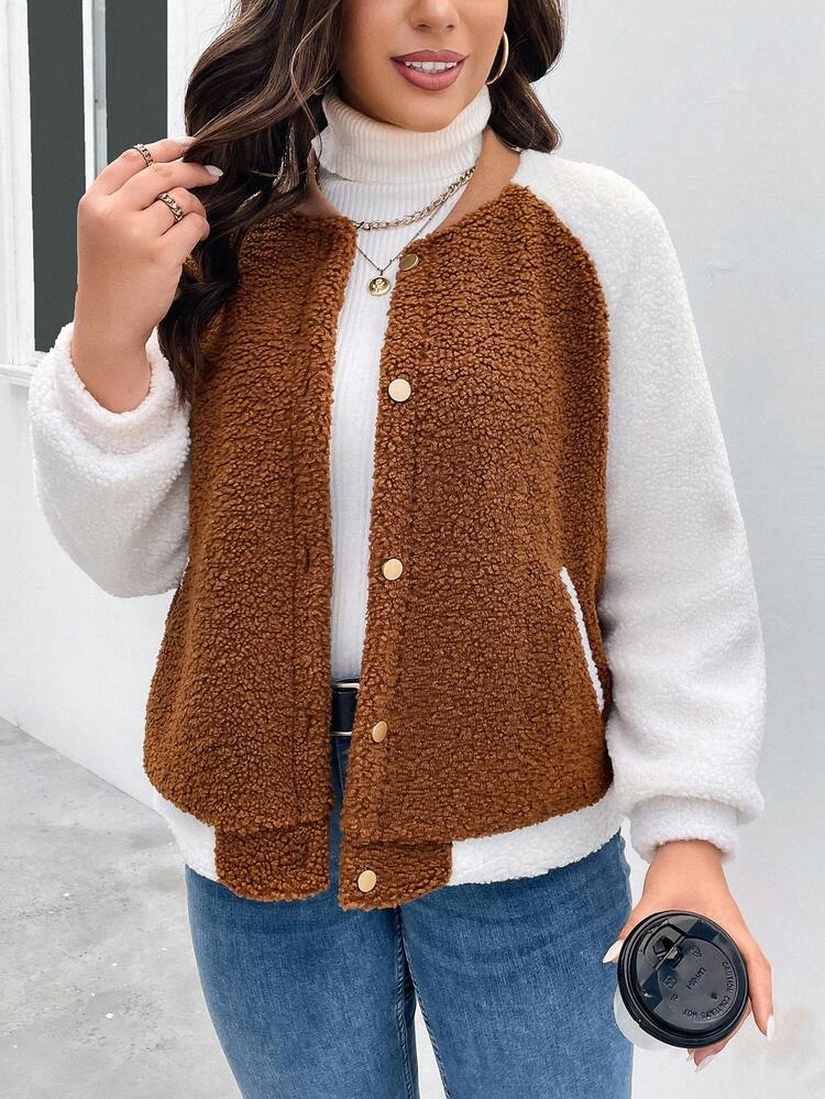 Plus Colorblock Raglan Sleeve Teddy Bomber Jacket
