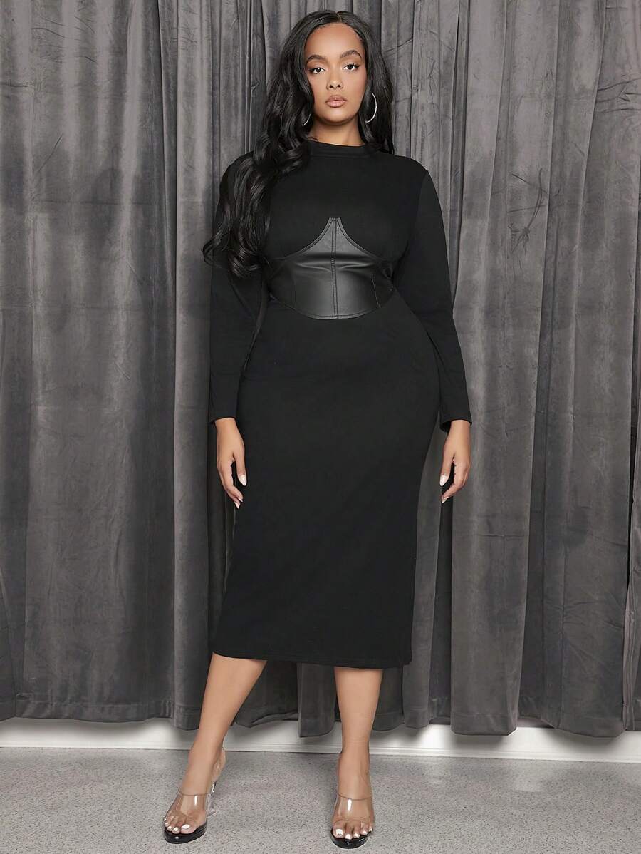 SHEIN SXY Plus Solid Zipper Back Corset 2 In 1 Dress - Black - View 1