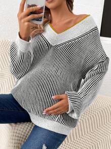 SHEIN Maternity Striped Pattern Contrast Trim Drop Shoulder Sweater, For Winter - Black and White - View 5