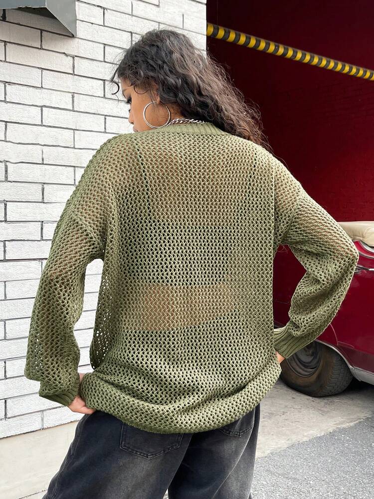 Drop Shoulder Pointelle Knit Sweater Dress Without Bra