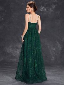 Contrast Sequin Mesh Elegant Cami Bridesmaid Dress - Dark Green - View 2