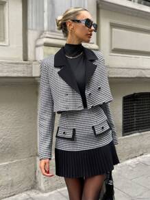 EURMUSE Ladies' Houndstooth Pattern Suit & Pleated Skirt Hem Outfit - Black and White - View 1