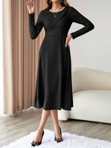 SHEIN Privé Solid A-line Dress - Black - View 5