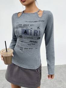 SHEIN EZwear Đồ họa Khẩu hiệu Cắt ra Áo thun - Xám - Xem 6