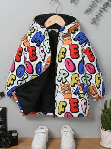 SHEIN 1pc Young Boys' Adorable Comfortable Cartoon Letter Pattern, Versatile Warm Quilted Stand Collar Thick Coat For Winter - White - View 8