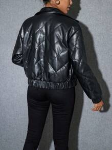 SHEIN Essnce 女式冬季纯色 PU 皮革前拉链短款休闲加厚外套 - 黑色 - 查看 2