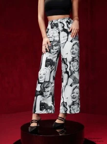 Marilyn Monroe X SHEIN Figure Graphic Wide Leg Pants - Black - View 1