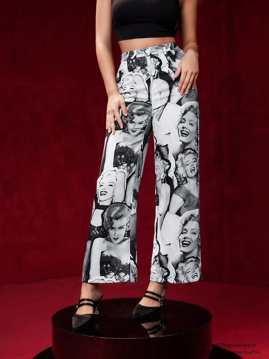 Marilyn Monroe X SHEIN Figure Graphic Wide Leg Pants - Black - View 1