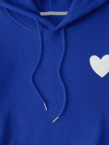SHEIN EZwear 加大码刺绣爱心图案袋鼠口袋落肩抽绳卫衣 - 寶藍色 - 查看 6