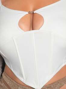 SHEIN SXY 大碼拼接網紗袖前鏤空不對稱下擺T恤 - 白色 - 查看 3