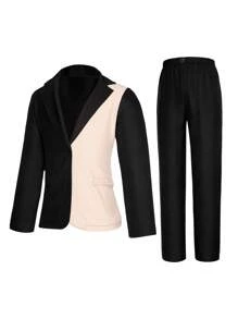 Tween Boy Two Tone Lapel Collar Blazer & Straight Leg Pants - Black - View 1