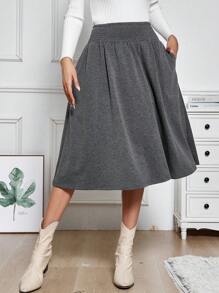 SHEIN LUNE 女式皺摺高腰a字裙,帶翻蓋和寬邊 - 灰色 - 查看 5