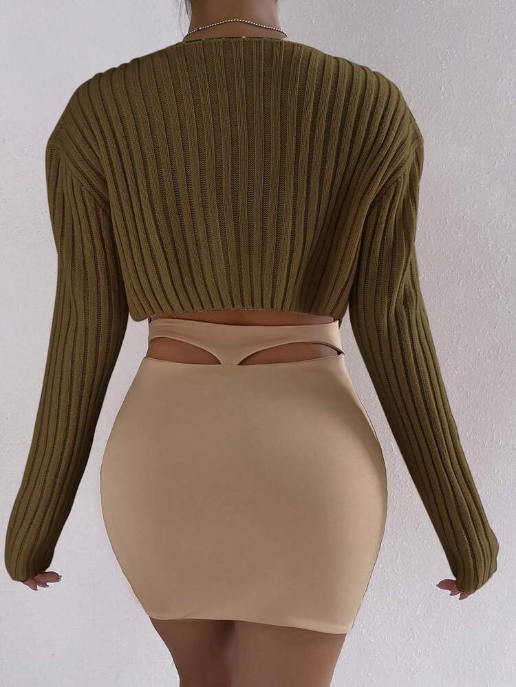 Solid Ribbed Knit Open Front Crop Cardigan
