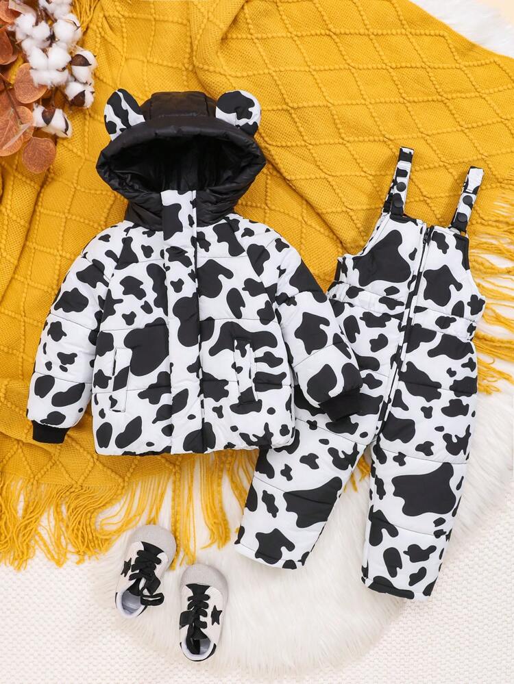 Infant Unisex Casual Thermal Lined Hooded Jacket And Pants Set With Cow Pattern, Winter