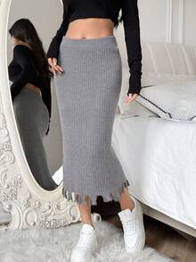 SHEIN Unity 素色仿舊條紋針織毛衣半身裙 - 灰色 - 查看 6