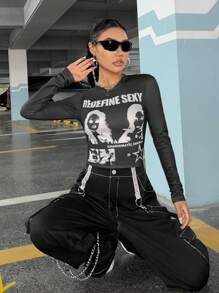 SHEIN ICON 人物和字母圖案短款T恤